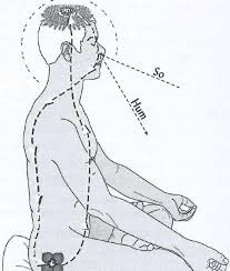 Illustration of So Hum meditation showing breath flow through the body with inhale “So” and exhale “Hum” during seated meditation posture
