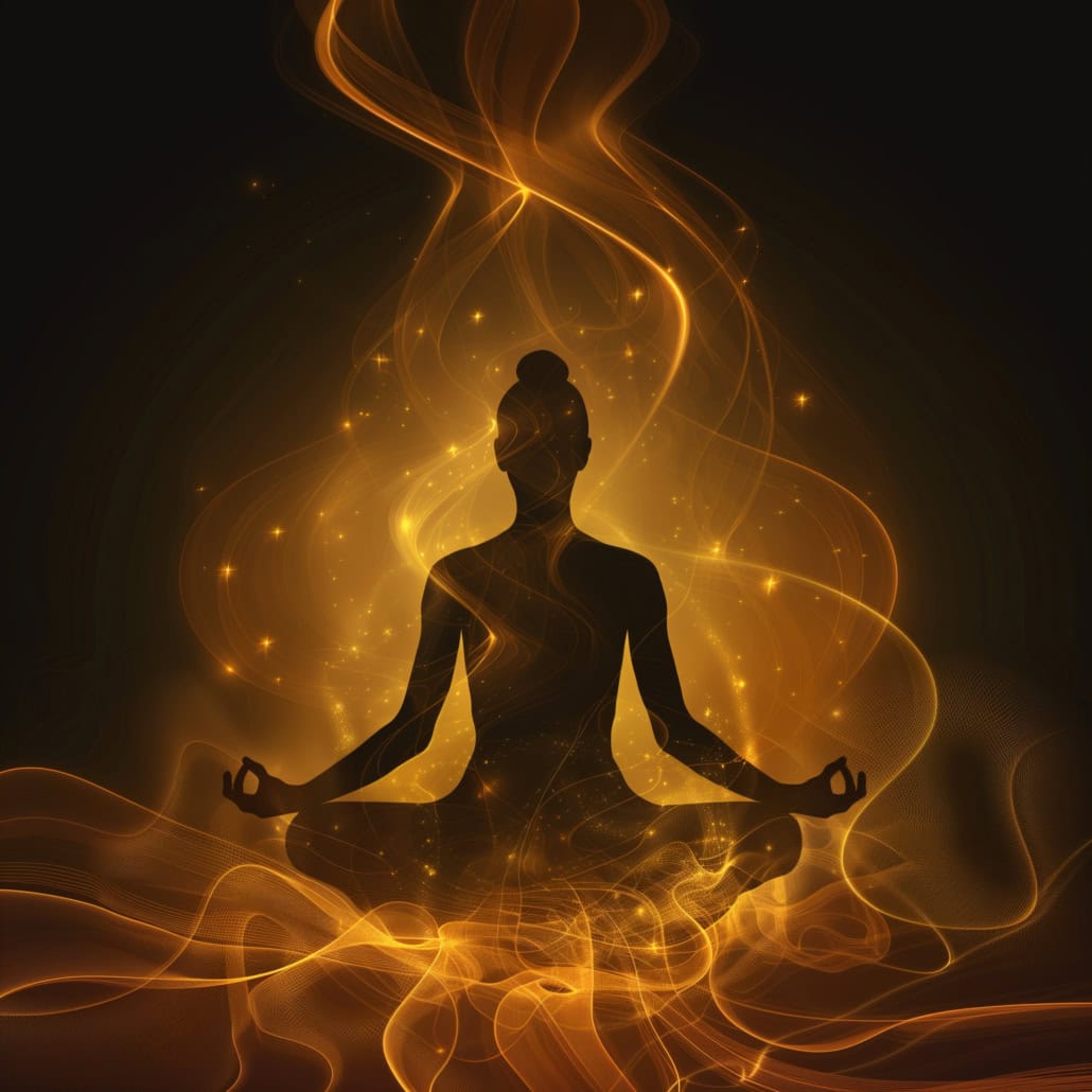 Meditation with flowing energy patterns representing mantra repetition and breath awareness