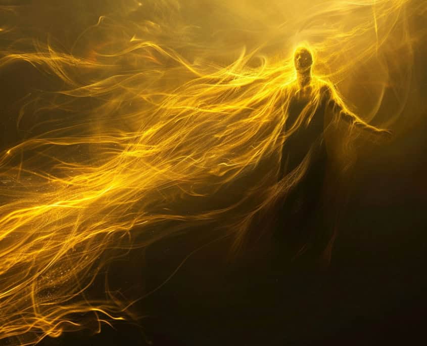 Golden human figure dissolving into light representing meditation and awakening