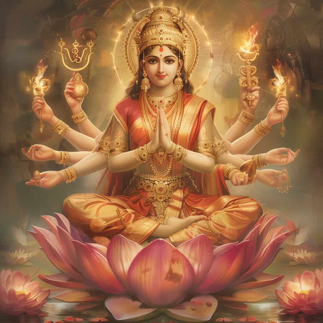 Goddess Gayatri seated on lotus with divine light and sacred symbolism
