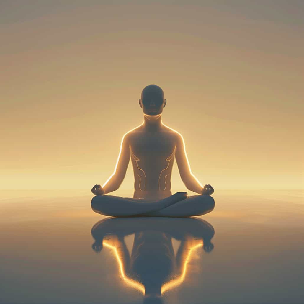 So Hum mantra meditation with breath awareness in calm sunrise setting