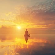 peaceful meditation at sunrise over calm water with expansive sky and reflection