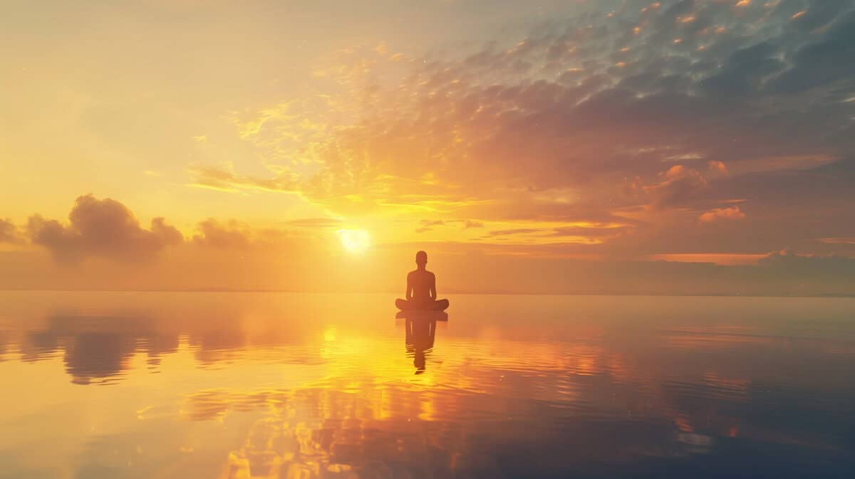 peaceful meditation at sunrise over calm water with expansive sky and reflection