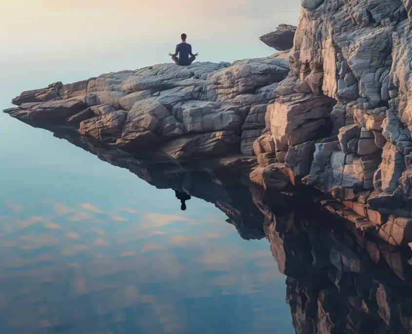 person doing mantra jaap on rock by calm water with clear reflection at sunrise