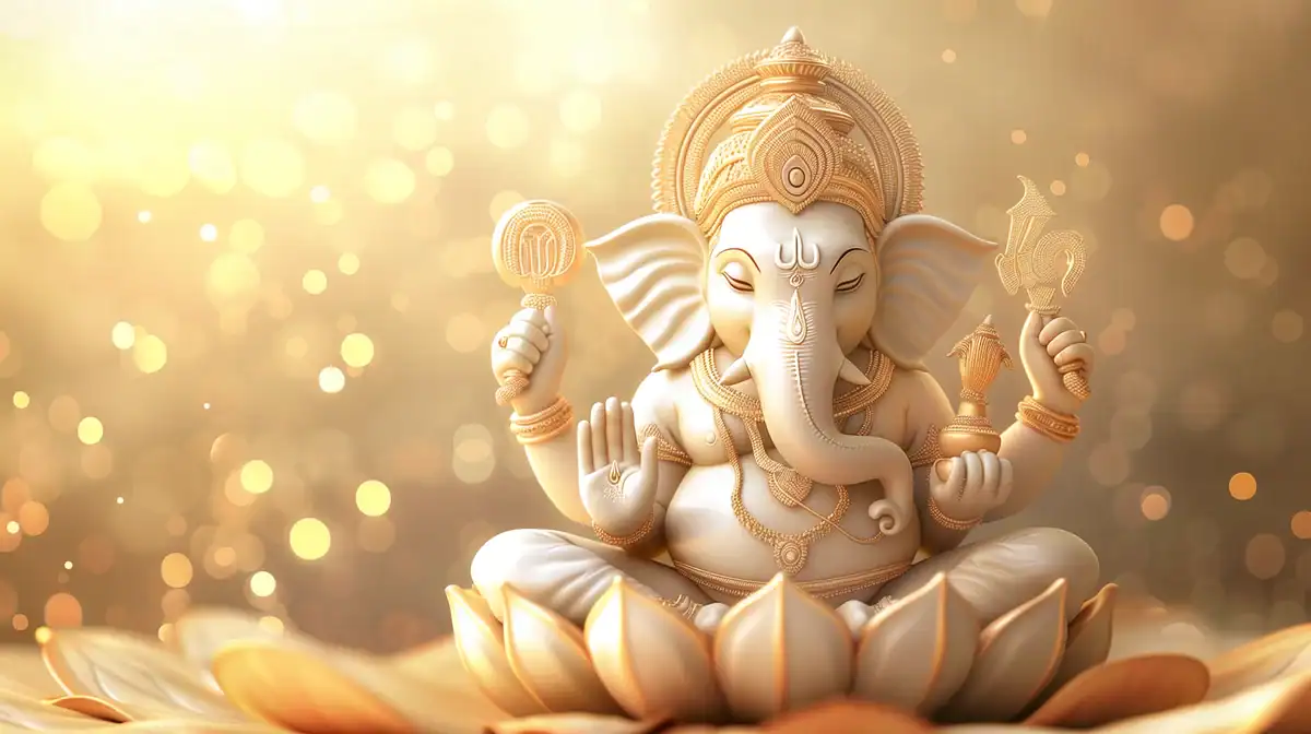 Lord Ganesha seated on lotus in serene golden light, symbolizing success, wisdom, and removal of obstacles