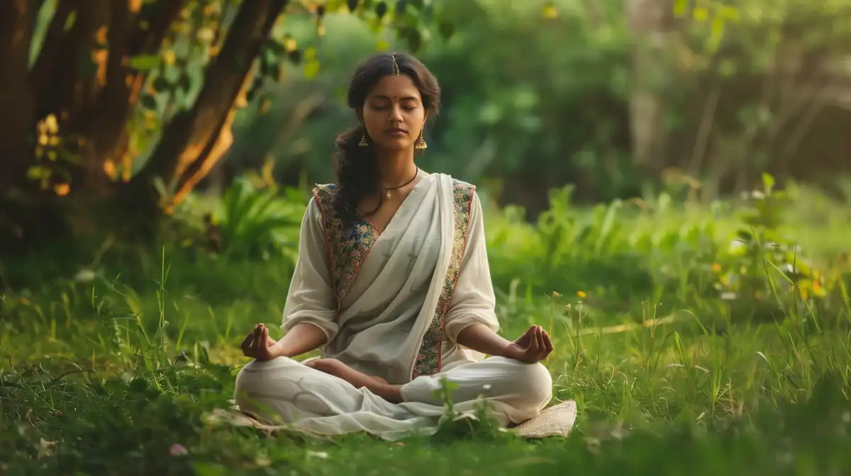 Indian woman practicing OM meditation in nature with calm focused awareness