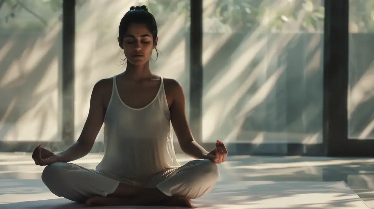 Woman practicing meditation peacefully at home.