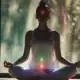 Lady meditation with chakras getting activated and Third Eye active and glowing.