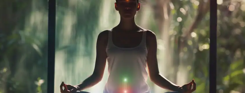 Lady meditation with chakras getting activated and Third Eye active and glowing.