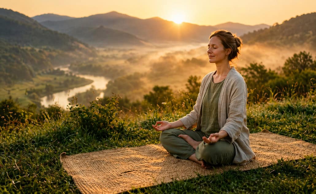 woman practicing gratitude meditation at sunrise in nature
