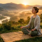 woman practicing gratitude meditation at sunrise in nature