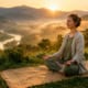 woman practicing gratitude meditation at sunrise in nature