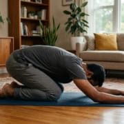 Man doing simple beginner yoga pose at home