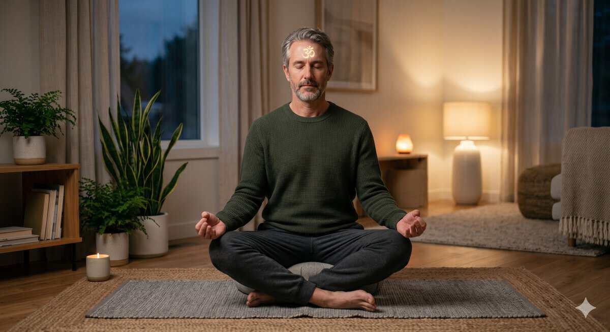 Busy modern man practicing OM Mantra Meditation