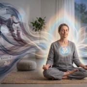 woman doing om mantra meditation peacefully in chaotic life
