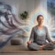 woman doing om mantra meditation peacefully in chaotic life