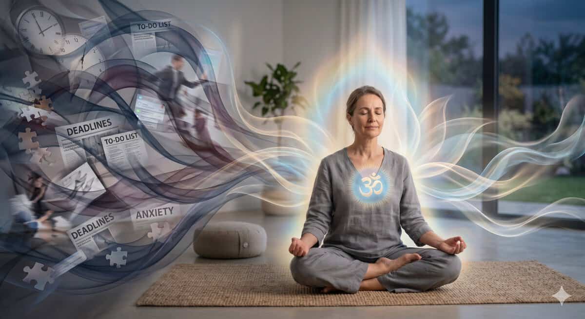 woman doing OM mantra meditation peacefully in chaotic life