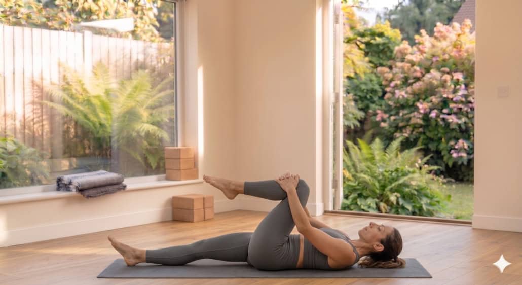 Woman performing Knee-to-Chest yoga pose on a mat to gently stretch the lower back, massage the abdomen, and support digestion during a beginner yoga routine for belly fat after 40.