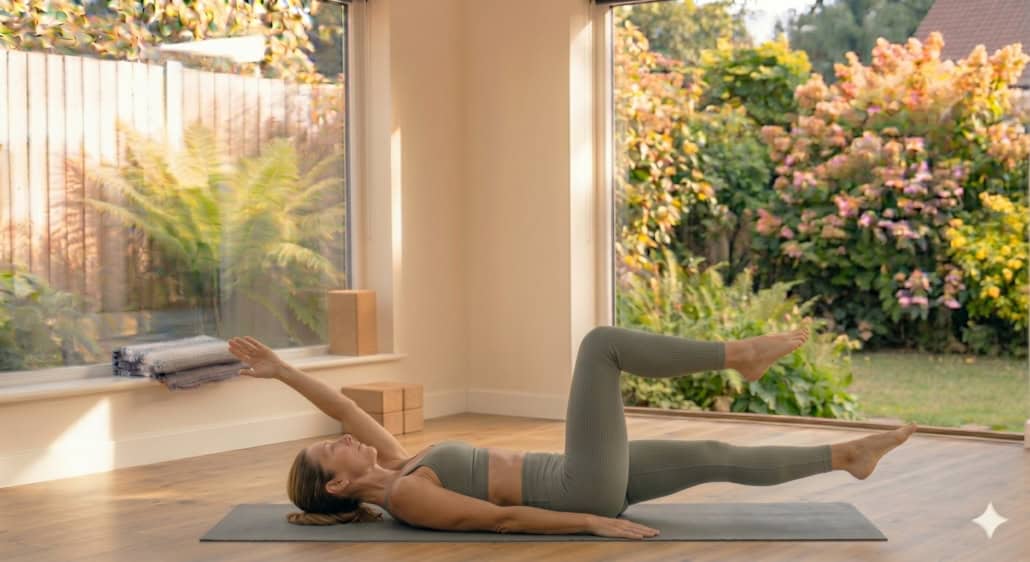 Woman performing Dead Bug flow core exercise on a yoga mat to strengthen abdominal muscles, support spinal stability, and improve coordination for beginners over 40.