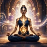 Woman practicing Prana-Mantra Kriya meditation in lotus pose surrounded by flowing pranic energy and OM mantra symbols during deep pranayama and mantra meditation.