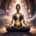 Woman practicing Prana-Mantra Kriya meditation in lotus pose surrounded by flowing pranic energy and OM mantra symbols during deep pranayama and mantra meditation.