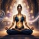 Woman practicing Prana-Mantra Kriya meditation in lotus pose surrounded by flowing pranic energy and OM mantra symbols during deep pranayama and mantra meditation.