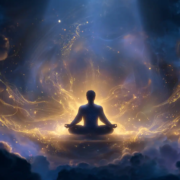 energetic meditating man surrounded by clouds Energy meditator with golden light and expansive state.