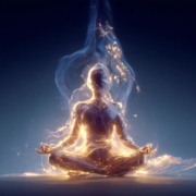 Energetic lady doing pranayama and filled with light and power.