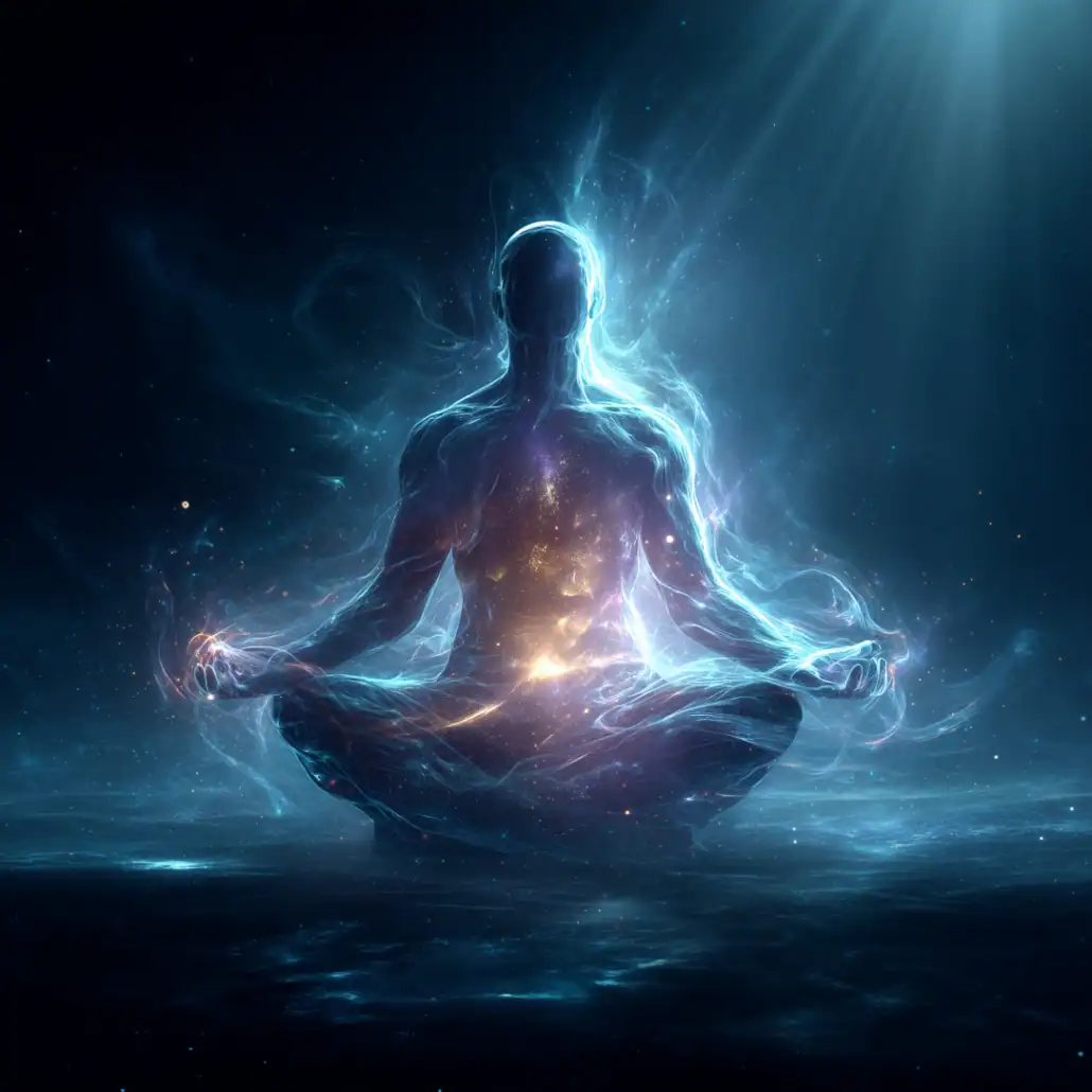 Energy Man practicing kundalini yoga and an aura of energy enveloping him