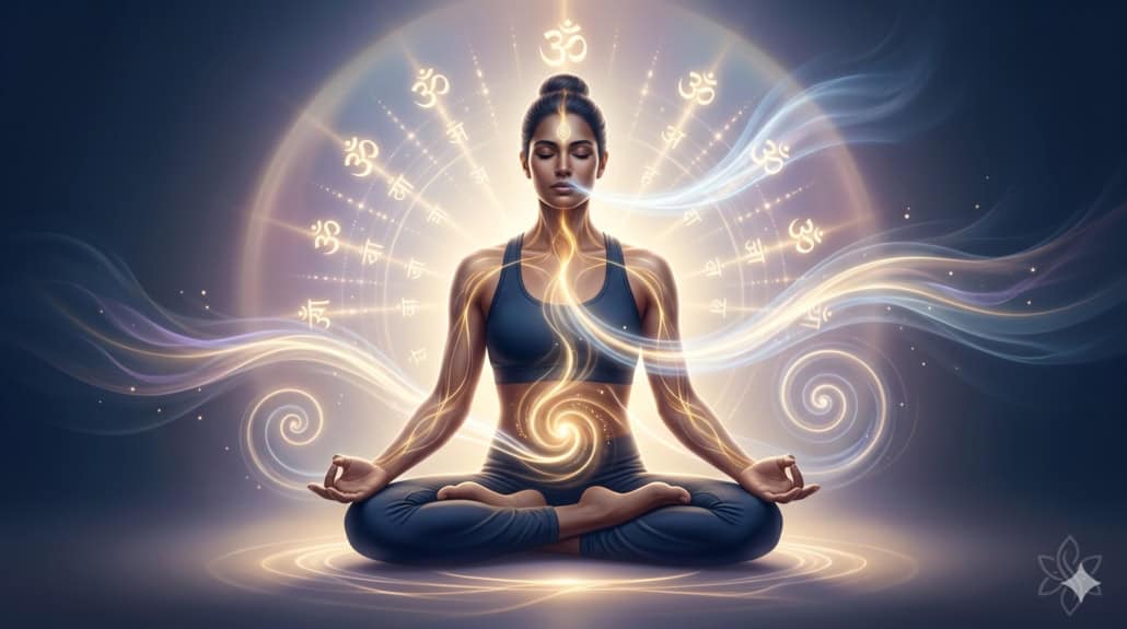 Yogini doing Yoga Pranayama with air flows and light energy