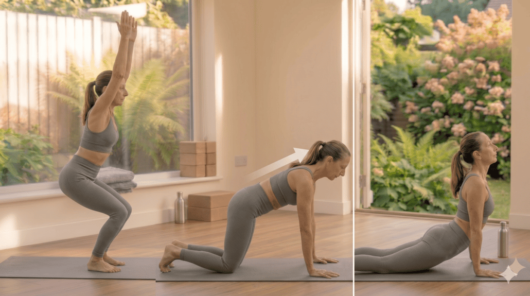 yoga for weight loss after 40 beginner flow showing chair pose, forearm plank and cobra pose in a gentle routine