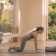 yoga for weight loss after 40 beginner flow showing chair pose, forearm plank and cobra pose in a gentle routine
