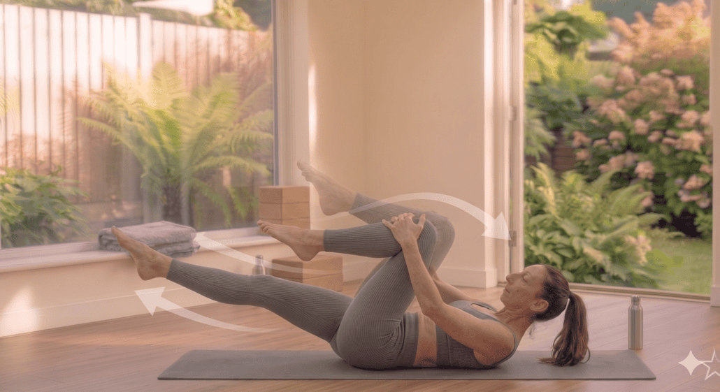 dynamic knee to chest yoga exercise for core activation beginners over 40