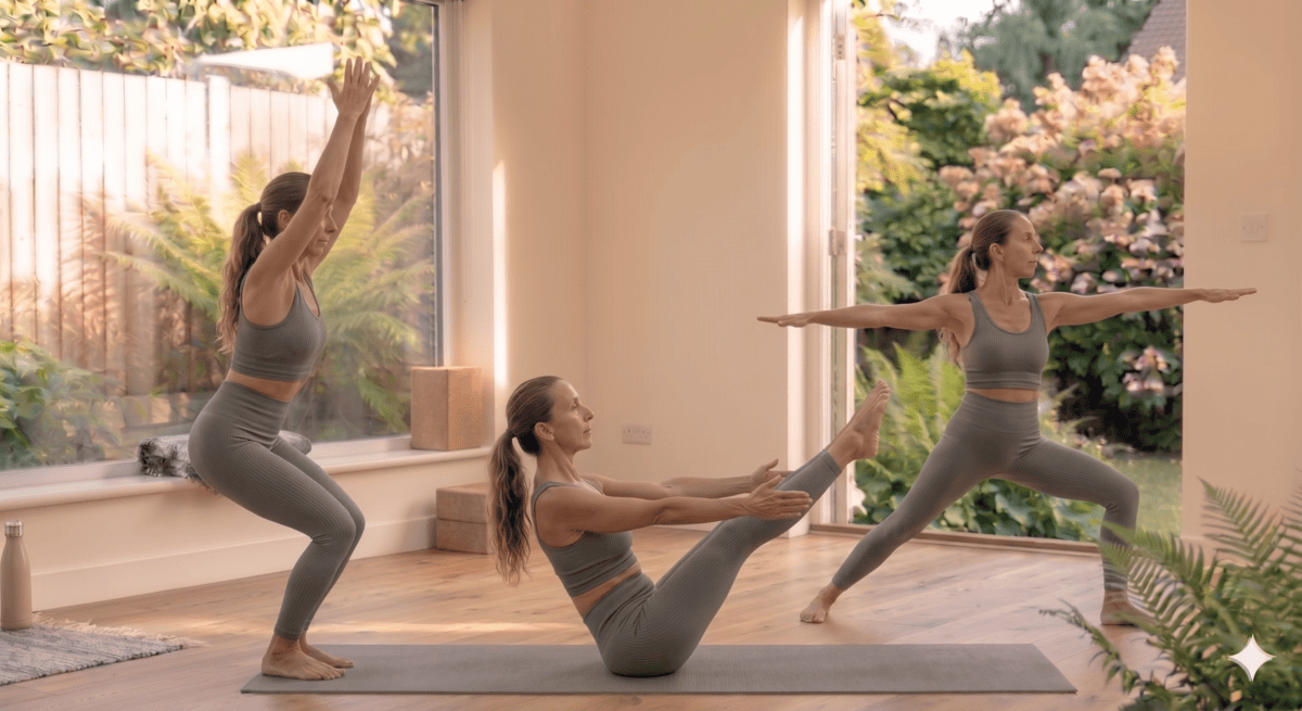 Beginner performing a 10 minute full body yoga workout at home with chair pose, warrior II and boat pose