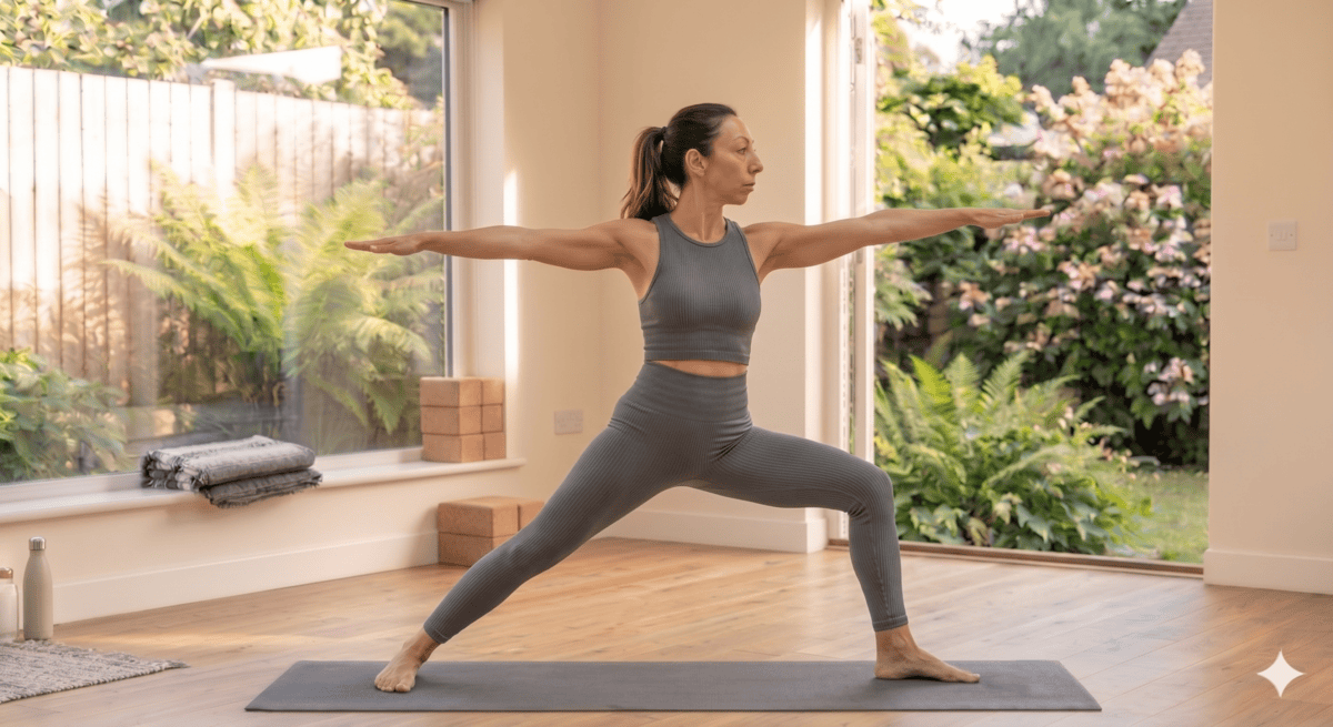 Beginner holding warrior II pose during a full body yoga workout to improve balance and leg strength
