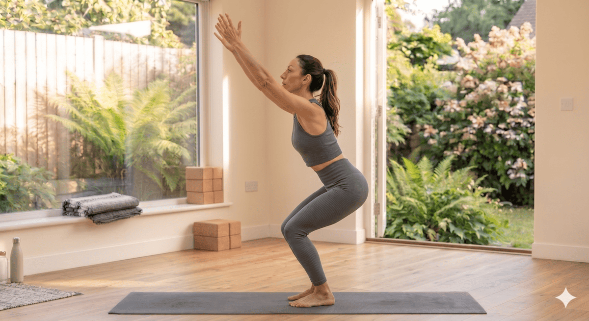 Beginner performing chair pose in a full body yoga workout to strengthen the legs and lower body
