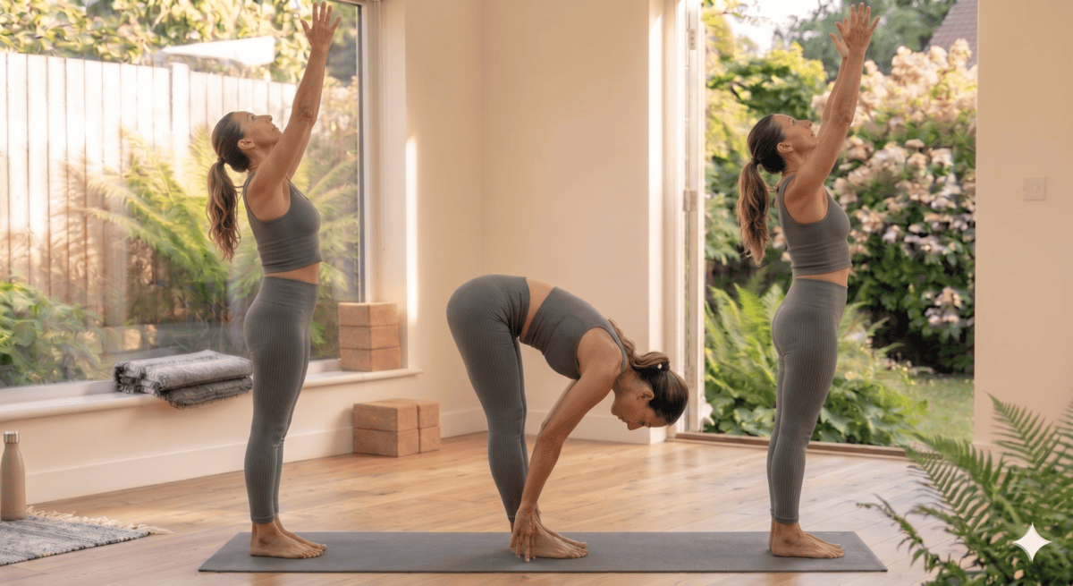 Beginner performing sun breathing flow by raising arms overhead and folding forward in a full body yoga workout at home