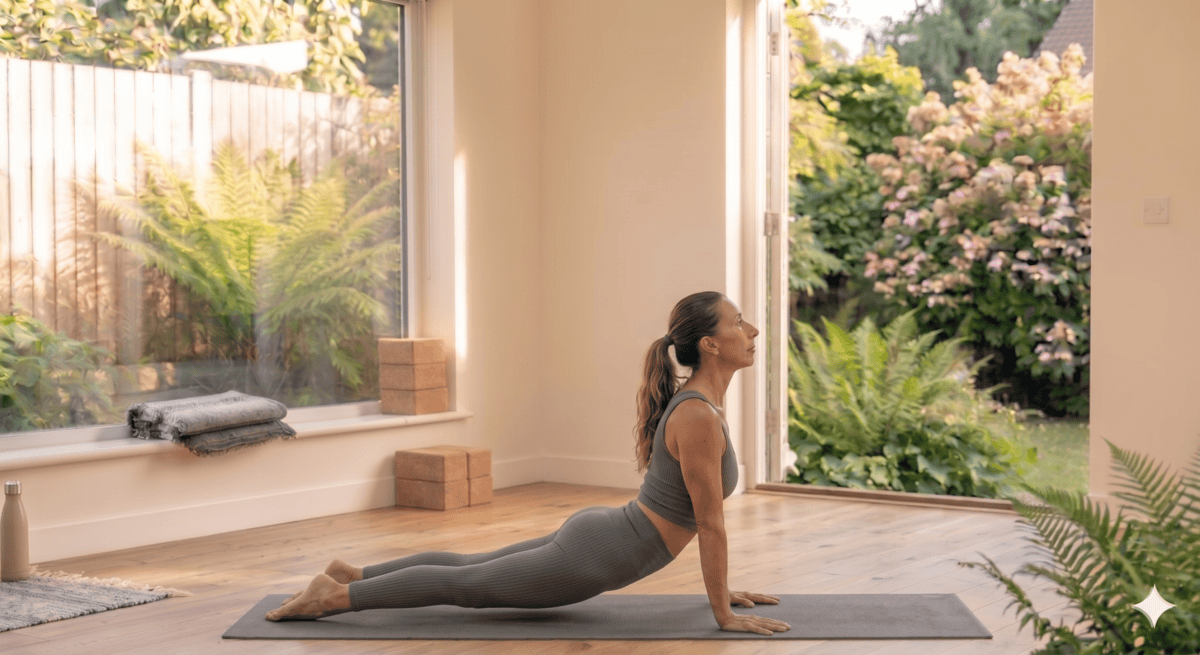 Beginner performing cobra pose in a yoga workout to strengthen the spine and open the chest