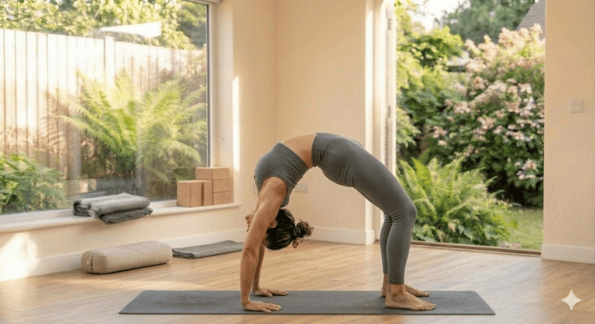 A female yoga instructor, wearing a grey fitted tank top and leggings, performs the advanced Wheel Pose (Urdhva Dhanurasana), creating a deep, symmetrical backbend supported by her hands and feet on a wooden studio floor.