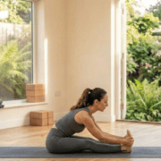 Woman demonstrating seated forward bend (Paschimottanasana) stretching hamstrings and spine in a yoga studio