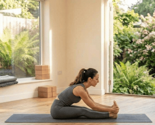 Woman demonstrating seated forward bend (Paschimottanasana) stretching hamstrings and spine in a yoga studio