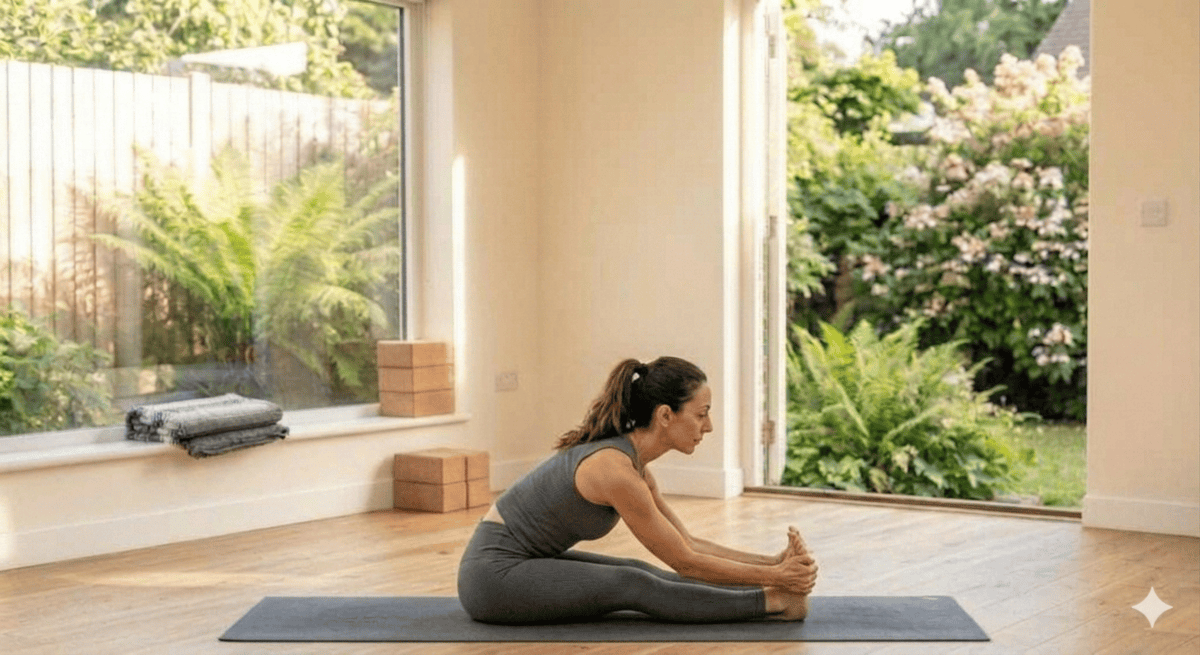 “Woman demonstrating seated forward bend (Paschimottanasana) stretching hamstrings and spine in a yoga studio”