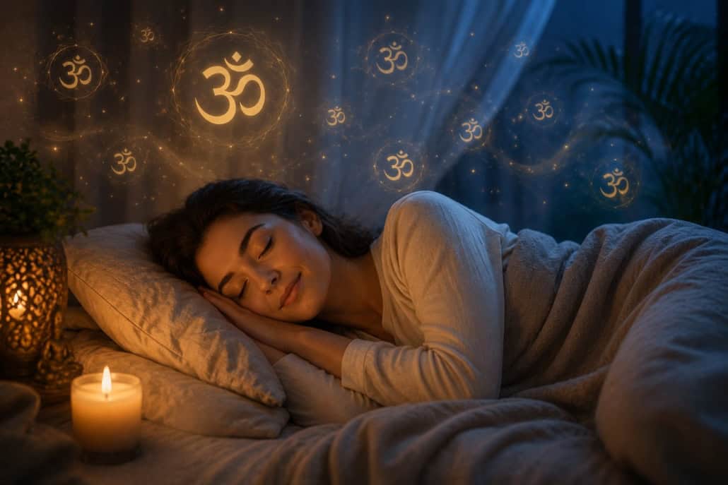 Peacefully sleeping woman surrounded by glowing OM symbols representing calm sleep and nervous system relaxation