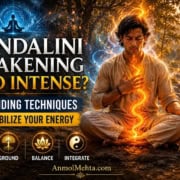 Kundalini Awakening Too Intest Grounding Techniques Man meditating beside a river while intense Kundalini energy rises through the body as grounding and stabilization techniques restore balance.