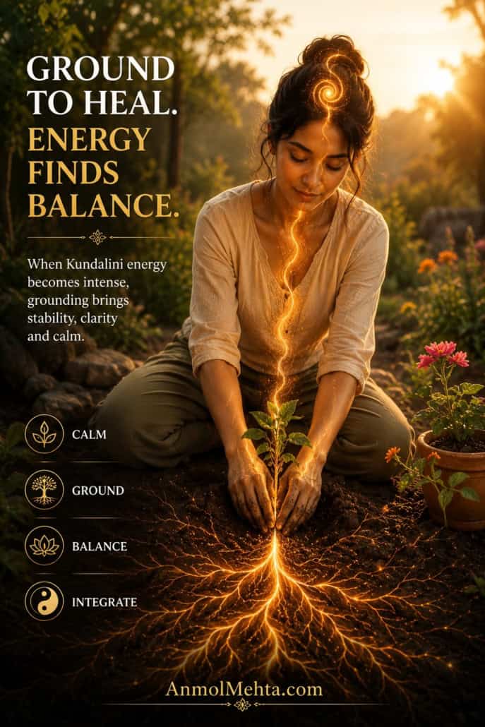 Woman gardening peacefully while glowing Kundalini energy flows from her body into the earth to create grounding and balance.