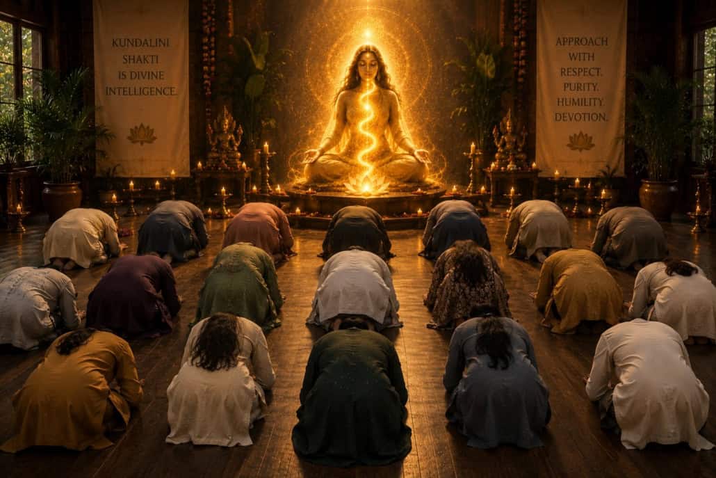Students bow respectfully before radiant Kundalini Shakti in a sacred meditation hall, symbolizing humility, devotion, and reverence for spiritual awakening.