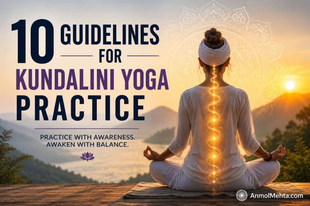 Woman meditating at sunrise with glowing Kundalini energy rising along the spine, representing safe and balanced Kundalini Yoga practice.
