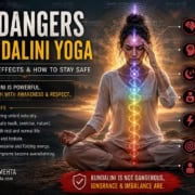 Dangers of Kunalini Yoga Woman meditating with intense Kundalini energy rising through the chakras while warning symbols highlight the dangers of unbalanced Kundalini Yoga practice.