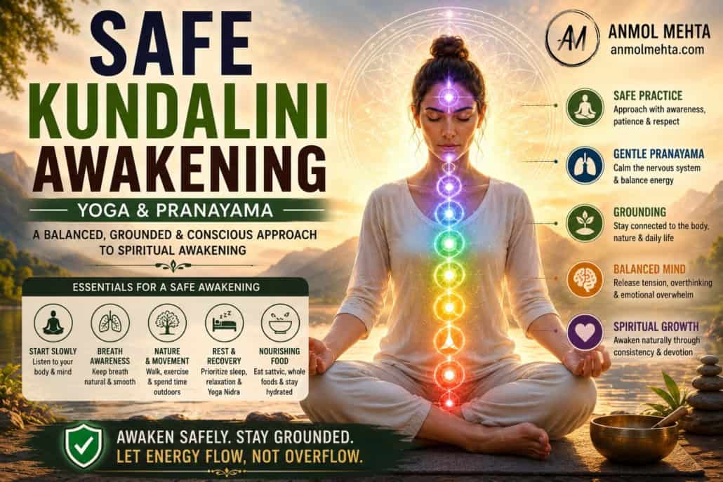 Woman meditating peacefully beside a lake with glowing Kundalini energy rising through the chakras, representing safe and balanced Kundalini awakening through yoga and pranayama.