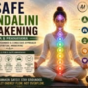 Woman meditating peacefully beside a lake with glowing Kundalini energy rising through the chakras, representing safe and balanced Kundalini awakening through yoga and pranayama.